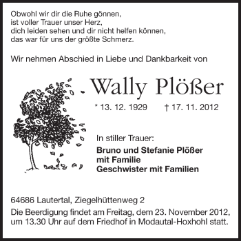 Traueranzeige von Wally Plößer von Echo-Zeitungen (Gesamtausgabe)