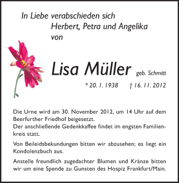 Traueranzeige von Lisa Müller von Odenwälder Echo