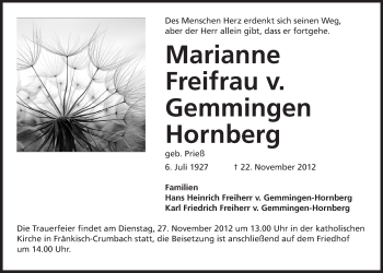Traueranzeige von Marianne Freifrau von Gemmingen Hornberg von Echo-Zeitungen (Gesamtausgabe)