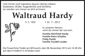 Traueranzeige von Waltraud Hardy von Rüsselsheimer Echo, Groß-Gerauer-Echo, Ried Echo