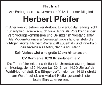Traueranzeige von Herbert Pfeifer von Rüsselsheimer Echo, Groß-Gerauer-Echo, Ried Echo