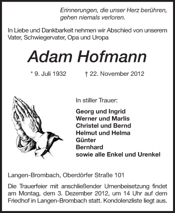 Traueranzeige von Adam Hofmann von Odenwälder Echo