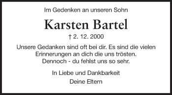 Traueranzeige von Karsten Bartel von Darmstädter Echo, Odenwälder Echo, Rüsselsheimer Echo, Groß-Gerauer-Echo, Ried Echo
