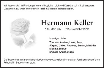 Traueranzeige von Hermann Keller von Rüsselsheimer Echo, Groß-Gerauer-Echo, Ried Echo