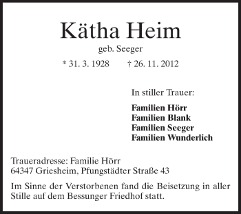 Traueranzeige von Kätha Heim von Echo-Zeitungen (Gesamtausgabe)