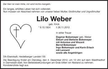 Traueranzeige von Lilo Weber von Echo-Zeitungen (Gesamtausgabe)