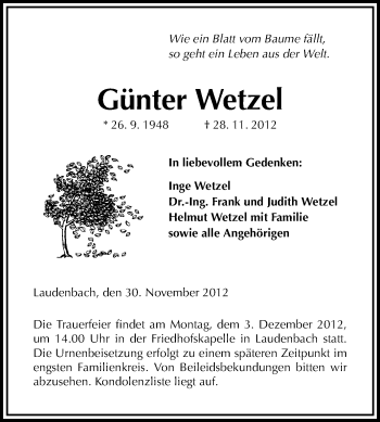 Traueranzeige von Günter Wetzel von Starkenburger Echo