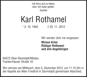 Traueranzeige von Karl Rothamel von Echo-Zeitungen (Gesamtausgabe)