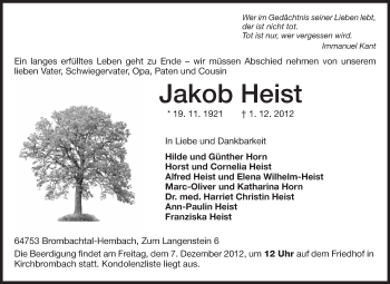 Traueranzeige von Jakob Heist von Echo-Zeitungen (Gesamtausgabe)