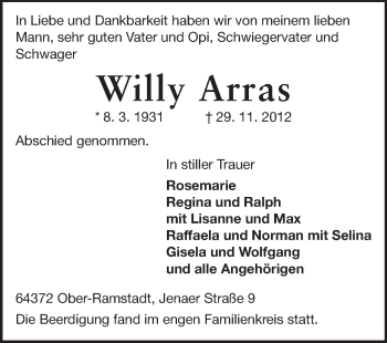 Traueranzeige von Willy Arras von Darmstädter Echo, Odenwälder Echo, Rüsselsheimer Echo, Groß-Gerauer-Echo, Ried Echo