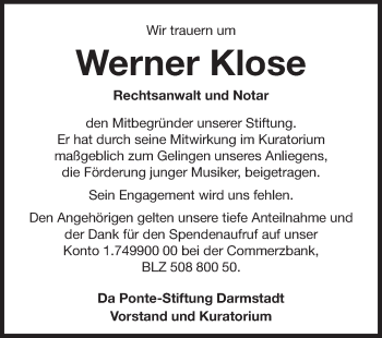 Traueranzeige von Werner Klose von Echo-Zeitungen (Gesamtausgabe)