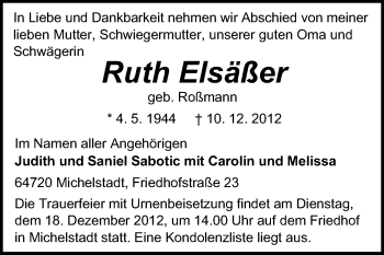 Traueranzeige von Ruth Elsäßer von Odenwälder Echo