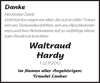 Traueranzeige von Waltraud Hardy von Rüsselsheimer Echo, Groß-Gerauer-Echo, Ried Echo