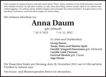 Traueranzeige von Anna Daum von Echo-Zeitungen (Gesamtausgabe)
