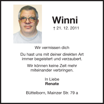 Traueranzeige von Winni  von Echo-Zeitungen (Gesamtausgabe)