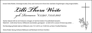 Traueranzeige von Lilli Thora Woite von Echo-Zeitungen (Gesamtausgabe)