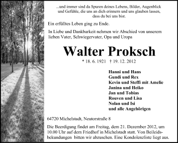Traueranzeige von Walter Albert Proksch von Odenwälder Echo