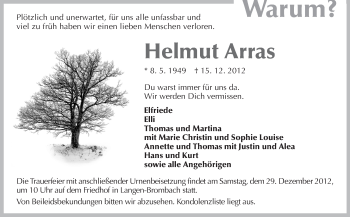Traueranzeige von Helmut Arras von Odenwälder Echo