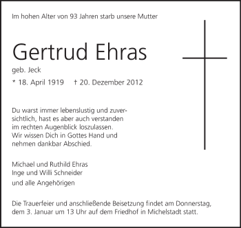 Traueranzeige von Gertrud Ehras von Odenwälder Echo