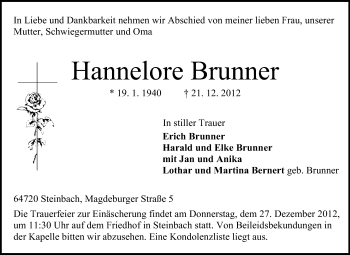 Traueranzeige von Hannelore Brunner von Odenwälder Echo