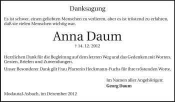 Traueranzeige von Anna Daum von Echo-Zeitungen (Gesamtausgabe)