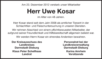 Traueranzeige von Uwe Kosar von Echo-Zeitungen (Gesamtausgabe)