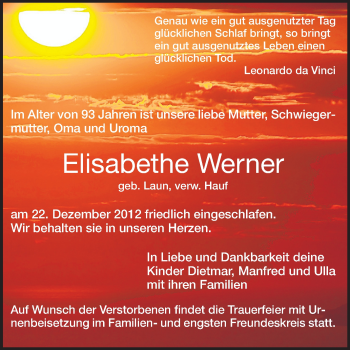 Traueranzeige von Elisabethe Werner von Rüsselsheimer Echo, Groß-Gerauer-Echo, Ried Echo