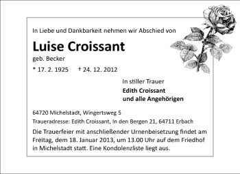Traueranzeige von Luise Croissant von Odenwälder Echo