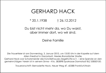 Traueranzeige von Gerhard Hack von Echo-Zeitungen (Gesamtausgabe)