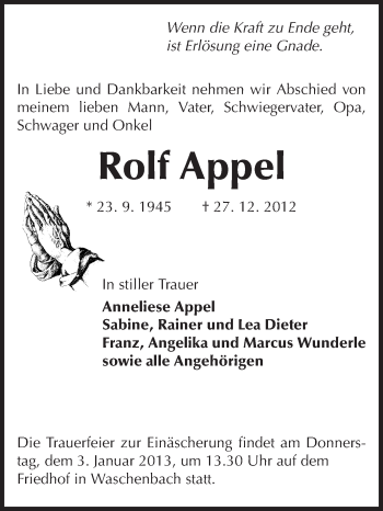 Traueranzeige von Rolf Appel von Echo-Zeitungen (Gesamtausgabe)