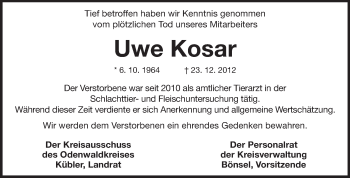 Traueranzeige von Uwe Kosar von Odenwälder Echo