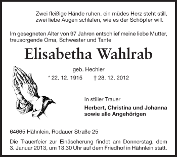 Traueranzeige von Elisabetha Wahlrab von Echo-Zeitungen (Gesamtausgabe)