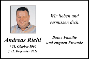 Traueranzeige von Andreas Riehl von Echo-Zeitungen (Gesamtausgabe)