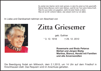 Traueranzeige von Zitta Griesemer von Starkenburger Echo