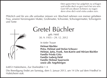 Traueranzeige von Gretel Büchler von Echo-Zeitungen (Gesamtausgabe)