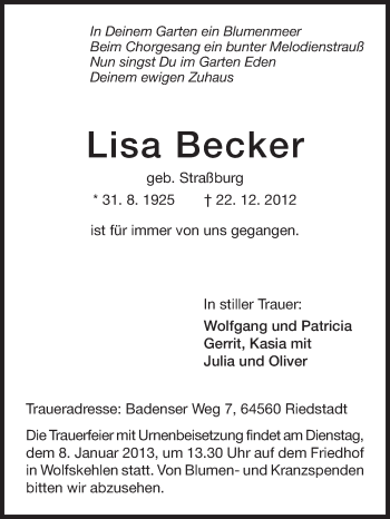 Traueranzeige von Lisa Becker von Rüsselsheimer Echo, Groß-Gerauer-Echo, Ried Echo
