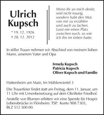 Traueranzeige von Ulrich Kupsch von Echo-Zeitungen (Gesamtausgabe)