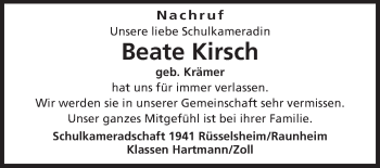 Traueranzeige von Beate Kirsch von Rüsselsheimer Echo, Groß-Gerauer-Echo, Ried Echo