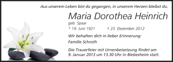 Traueranzeige von Maria Dorothea Heinrich von Rüsselsheimer Echo, Groß-Gerauer-Echo, Ried Echo