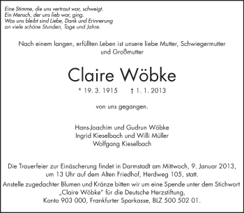Traueranzeige von Claire Wöbke von Darmstädter Echo, Odenwälder Echo, Rüsselsheimer Echo, Groß-Gerauer-Echo, Ried Echo