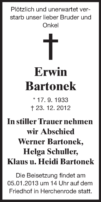 Traueranzeige von Erwin Bartonek von Echo-Zeitungen (Gesamtausgabe)