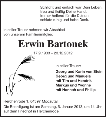 Traueranzeige von Erwin Bartonek von Echo-Zeitungen (Gesamtausgabe)