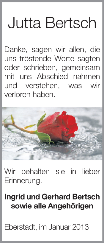 Traueranzeige von Jutta Bertsch von Darmstädter Echo, Odenwälder Echo, Rüsselsheimer Echo, Groß-Gerauer-Echo, Ried Echo