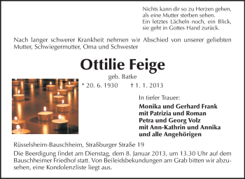 Traueranzeige von Ottilie Feige von Rüsselsheimer Echo, Groß-Gerauer-Echo, Ried Echo