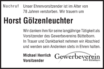 Traueranzeige von Horst Gölzenleuchter von Rüsselsheimer Echo, Groß-Gerauer-Echo, Ried Echo