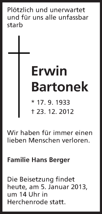 Traueranzeige von Erwin Bartonek von Echo-Zeitungen (Gesamtausgabe)