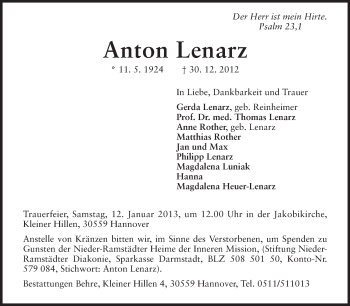 Traueranzeige von Anton Lenarz von Echo-Zeitungen (Gesamtausgabe)