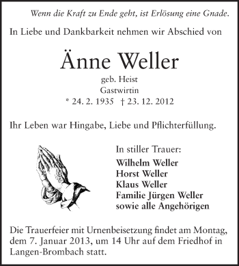 Traueranzeige von Änne Weller von Odenwälder Echo