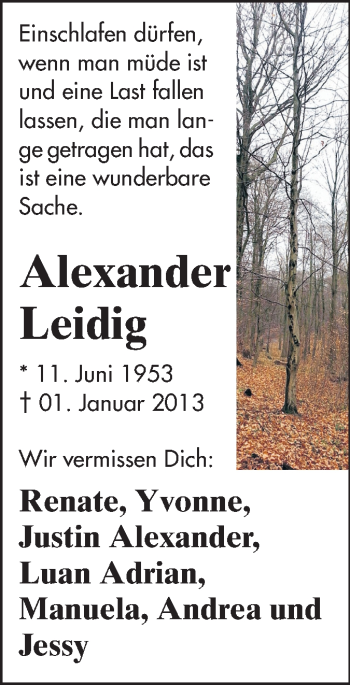 Traueranzeige von Alexander Leidig von Echo-Zeitungen (Gesamtausgabe)