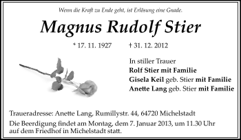 Traueranzeige von Magnus Rudolf Stier von Odenwälder Echo